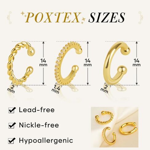 POXTEX أصفاد الأذن الذهبية للنساء غير مثقوبة 14K الذهب الحقيقي غير مؤلم غير زلة الأفعى الكفة الأقراط للنساء مقاوم للماء العصرية مكتنزة لذيذ مكعب زركونيا كليب على حلق الغضروف للنساء الفتيات الهدايا in Kuwait