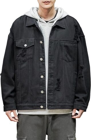 DAVID.ANN Men's Denim Jacket Ripped Long Sleeve Jean Jacket Coat in Saudi Arabia