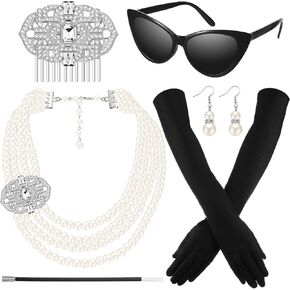 BBTO 6 Pieces 1920s Accessories for Women Costume Set With Vintage Sunglasses White Shell Pearl Dangle Pendant Necklace Earrings