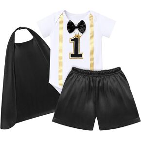 Baby Boys Prince 1st Birthday Cake Smash Outfit Romper + Shorts + Cape + Headband for Photo Props 4PCS Costume Set