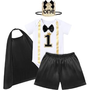 Baby Boys Prince 1st Birthday Cake Smash Outfit Romper + Shorts + Cape + Headband for Photo Props 4PCS Costume Set