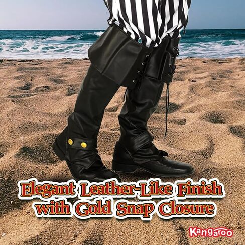 Kangaroo Pirates Boot Covers Men, Women, and Teens - Faux Leather Boot Tops for Boot Cover Costume Adult - Puss in Boots, Prince Eric and Gaston Costume Accessory for Halloween, Cosplays - Black in Saudi Arabia