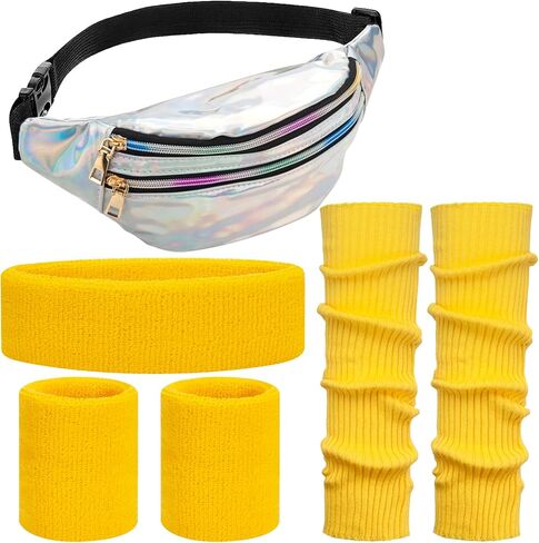 ONUPGO Leg Warmers for Women 80s Costumes Accessories Holographic Fanny Pack Knit Neon Leg Warmers Headband Wristbands in Kuwait