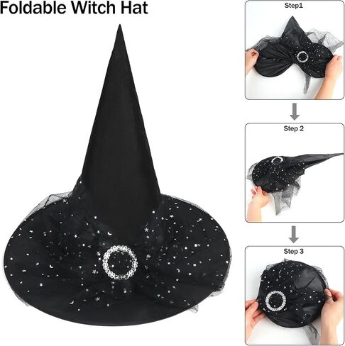 CCINEE Witch Hats for Women, Adult Witch Halloween Costumes Black/Purple Foldable Lace Veils Hats for Cosplay Party … in Saudi Arabia