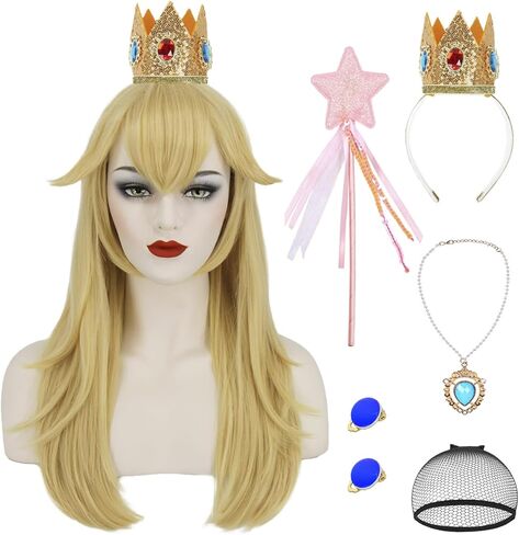 ميرسي بنات الأميرة الخوخ شعر مستعار أشقر للشعر المستعار للأميرة الخوخ زي الفتيات مع تاج قلادة أقراط عصا خرافية للحفلات التنكرية S101 in Kuwait