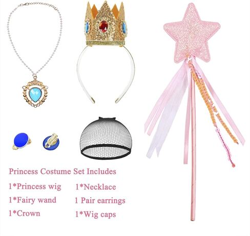 ميرسي بنات الأميرة الخوخ شعر مستعار أشقر للشعر المستعار للأميرة الخوخ زي الفتيات مع تاج قلادة أقراط عصا خرافية للحفلات التنكرية S101 in Kuwait