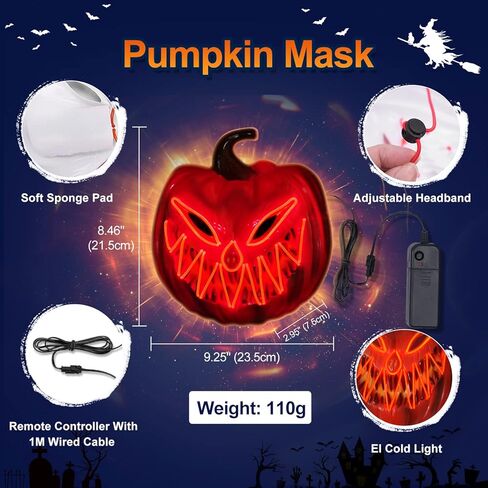 قناع اليقطين، قناع الهالوين المخيف مع النيون مناسب للأطفال البالغين، قناع مضيء للحفلات التنكرية للمهرجانات in Kuwait