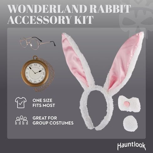 Hauntlook Alice in Wonderland Costume - White Rabbit Accessories - Bunny Ears, Bunny Nose, Bunny Tail, Pocket Watch, Glasses - Photo Booth Props Adult Women - Alice and Wonderland Party Decorations in Saudi Arabia