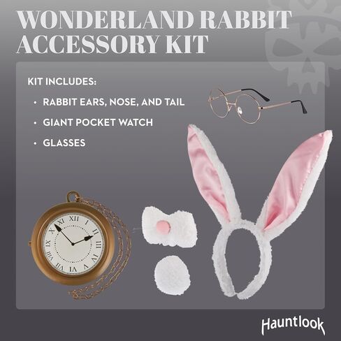 Hauntlook Alice in Wonderland Costume - White Rabbit Accessories - Bunny Ears, Bunny Nose, Bunny Tail, Pocket Watch, Glasses - Photo Booth Props Adult Women - Alice and Wonderland Party Decorations in Saudi Arabia