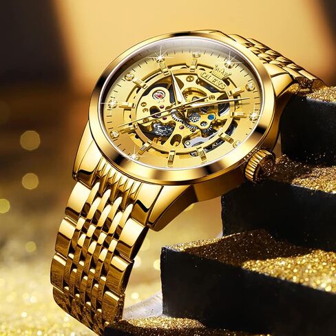 OLEVS Watches for Men Automatic Skeleton Watch Mechanical Gold Wrist Watches Business Luxury Diamond Stainess Steel Waterproof Luminous in Kuwait
