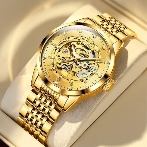 OLEVS Watches for Men Automatic Skeleton Watch Mechanical Gold Wrist Watches Business Luxury Diamond Stainess Steel Waterproof Luminous in Kuwait