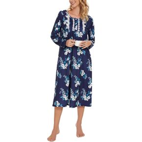 YOZLY Long Sleeve Nightgowns for Women Cotton Night Gwons Lace Sleepwear with Pockets S-XXL
