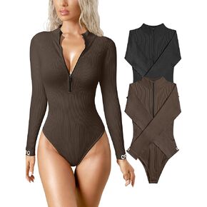 OQQ Women's 2 Piece Bodysuits Sexy Ribbed One Piece Zip Front Long Sleeve Tops Bodysuits
