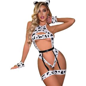 WDIRARA Women's Cow Print Halter Tie Backless Teddy Garter Lingerie Bodysuit