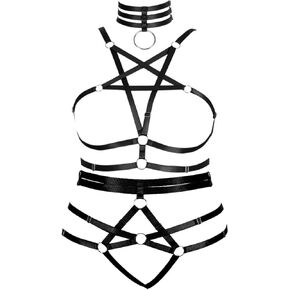 Plus Size Body Harness for Women Gothic Pentagram Full Cage Hollow Out 2 Piece Strappy Bra Garter Belts Set Punk Clothing