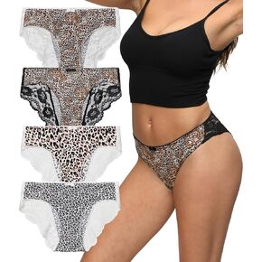 ANLIQI Women's Sexy Underwear with Lace Trim Bikini Panties 4 Pack Leopard Print Soft Comfy Panty for Ladies Hi Cut Briefs