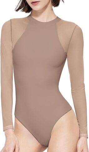 PUMIEY Mesh Long Sleeve Bodysuit for Women Crew Neck Body Suits Sexy Sheer Tops Smoke Cloud Pro Collection in Saudi Arabia