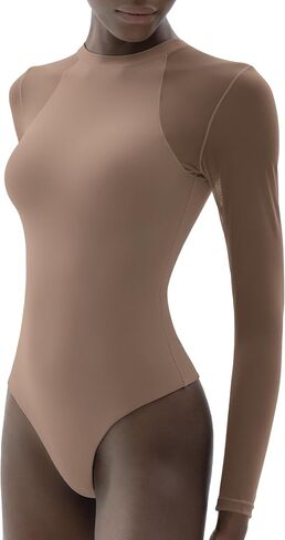 PUMIEY Mesh Long Sleeve Bodysuit for Women Crew Neck Body Suits Sexy Sheer Tops Smoke Cloud Pro Collection in Saudi Arabia