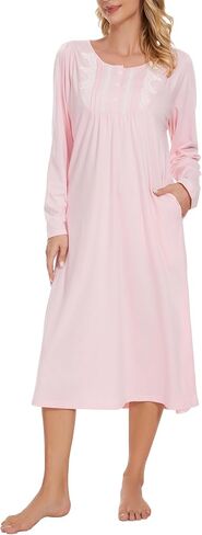 YOZLY Long Sleeve Nightgowns for Women Cotton Night Gwons Lace Sleepwear with Pockets S-XXL in Saudi Arabia