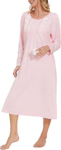 YOZLY Long Sleeve Nightgowns for Women Cotton Night Gwons Lace Sleepwear with Pockets S-XXL in Saudi Arabia