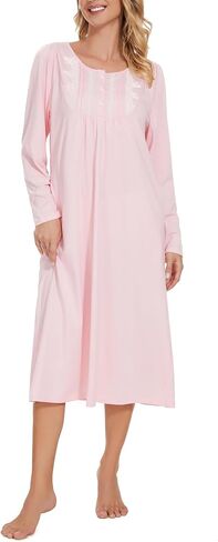YOZLY Long Sleeve Nightgowns for Women Cotton Night Gwons Lace Sleepwear with Pockets S-XXL in Saudi Arabia