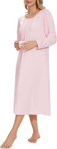 YOZLY Long Sleeve Nightgowns for Women Cotton Night Gwons Lace Sleepwear with Pockets S-XXL in Saudi Arabia