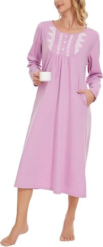 YOZLY Long Sleeve Nightgowns for Women Cotton Night Gwons Lace Sleepwear with Pockets S-XXL in Saudi Arabia