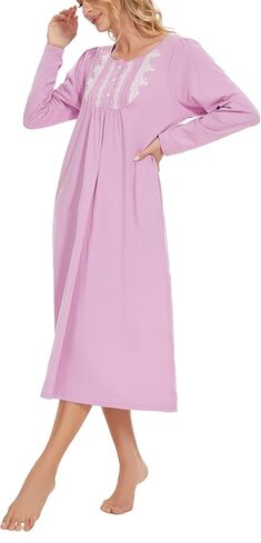 YOZLY Long Sleeve Nightgowns for Women Cotton Night Gwons Lace Sleepwear with Pockets S-XXL in Saudi Arabia