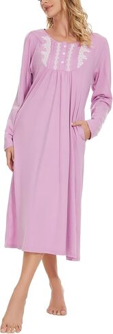 YOZLY Long Sleeve Nightgowns for Women Cotton Night Gwons Lace Sleepwear with Pockets S-XXL in Saudi Arabia