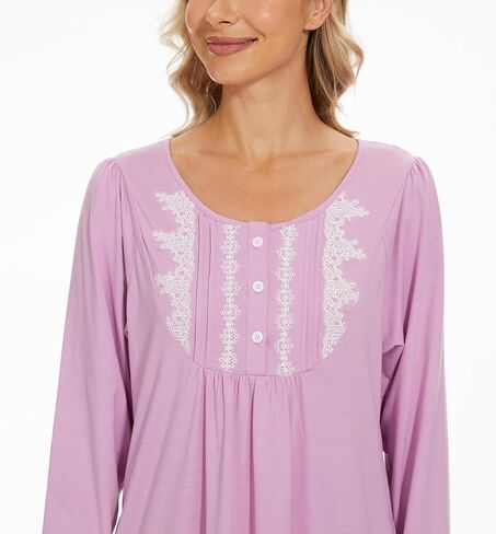 YOZLY Long Sleeve Nightgowns for Women Cotton Night Gwons Lace Sleepwear with Pockets S-XXL in Saudi Arabia
