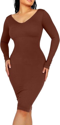 FeelinGirl Bodycon Dress for Women 2023 Long Sleeve Sweater Shaper Dress Fall Shapewear Wedding Guest Midi Dress Built-in Bra in Kuwait