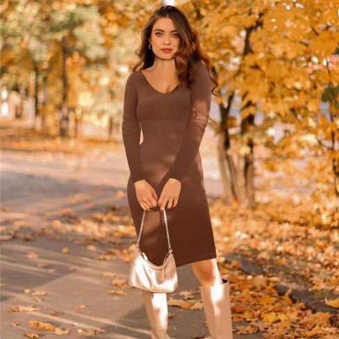 FeelinGirl Bodycon Dress for Women 2023 Long Sleeve Sweater Shaper Dress Fall Shapewear Wedding Guest Midi Dress Built-in Bra in Kuwait