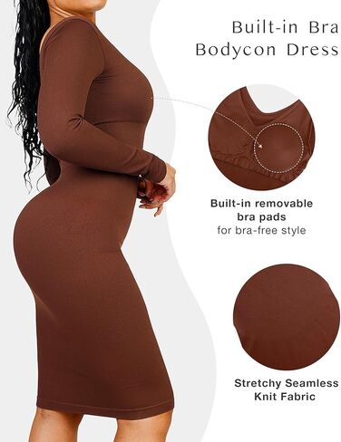 FeelinGirl Bodycon Dress for Women 2023 Long Sleeve Sweater Shaper Dress Fall Shapewear Wedding Guest Midi Dress Built-in Bra in Kuwait