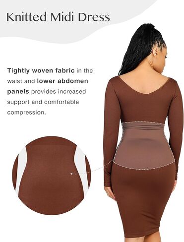 FeelinGirl Bodycon Dress for Women 2023 Long Sleeve Sweater Shaper Dress Fall Shapewear Wedding Guest Midi Dress Built-in Bra in Kuwait