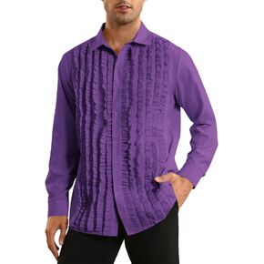 Bbalizko Mens Ruffle Tuxedo Shirt Ruche Frill Dinner Trim Button Down Pleats Wedding Long Sleeve Shirts Top