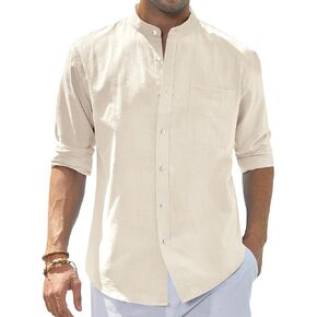 J.VER Men's Cotton Linen Long Sleeve Shirts Casual Button Down Banded Collar Shirt Beach Summer Tops with Pocket in Saudi Arabia