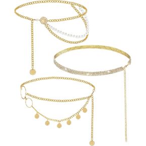 3 Pieces Belly Waist Chain Multi Layer Metal Waist Chain Body Summer Beach Chain for Women and Girls