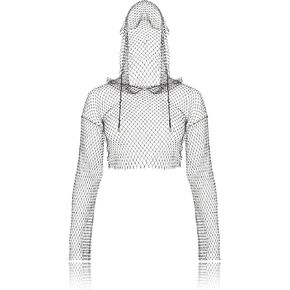 Fstrend Crystal Mesh Body Chains Rhinestone Fishnet Black Crop Top Long Sleeves See Through Bikini