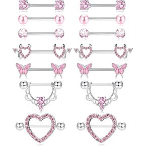 Fansilver 7 Pairs 14G Nipple Rings for Women Surgical Steel Nipple Piercing CZ Heart Butterfly Barbell Nipple Rings Set Cute Nipple Body Piercing Jewelry