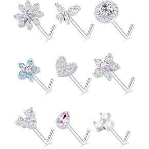 Tornito 9Pcs Nose Rings Stud L Bone Screw Shaped Nose Ring Flower CZ Snowflake Butterfly Screw Nose Stud Body Piercing Jewelry for Women Men 20G Silver Gold Rose Gold Tone