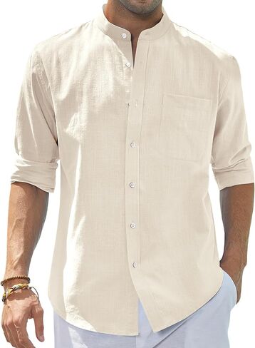 J.VER Men's Cotton Linen Long Sleeve Shirts Casual Button Down Banded Collar Shirt Beach Summer Tops with Pocket in Saudi Arabia