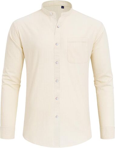 J.VER Men's Cotton Linen Long Sleeve Shirts Casual Button Down Banded Collar Shirt Beach Summer Tops with Pocket in Saudi Arabia