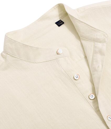J.VER Men's Cotton Linen Long Sleeve Shirts Casual Button Down Banded Collar Shirt Beach Summer Tops with Pocket in Saudi Arabia