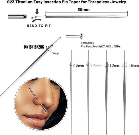 ZS 2Pcs G23 Titanium Insertion Pin Taper for Nose Ear Navel Lip Threadless Piercings Jewelry Kit, 18/16/14G Push in Body Piercing Stretching Kit Assistant Tool in Saudi Arabia