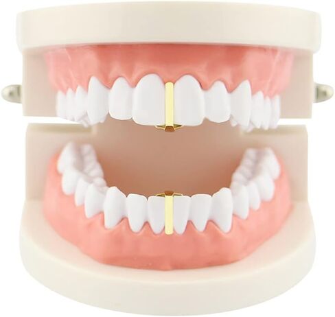 Retzjorv 2 Pcs 18K Gold Plated Hip Hop Teeth Grillz Caps Single Plain Gap Grillz Single Tooth Top and Bottom Grills for Your Teeth in Kuwait