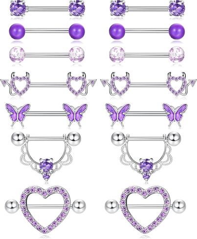 Fansilver 7 Pairs 14G Nipple Rings for Women Surgical Steel Nipple Piercing CZ Heart Butterfly Barbell Nipple Rings Set Cute Nipple Body Piercing Jewelry in Saudi Arabia