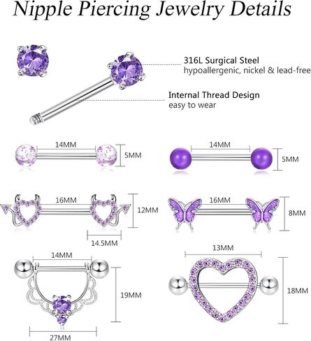 Fansilver 7 Pairs 14G Nipple Rings for Women Surgical Steel Nipple Piercing CZ Heart Butterfly Barbell Nipple Rings Set Cute Nipple Body Piercing Jewelry in Saudi Arabia
