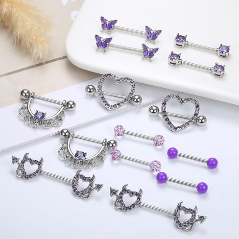 Fansilver 7 Pairs 14G Nipple Rings for Women Surgical Steel Nipple Piercing CZ Heart Butterfly Barbell Nipple Rings Set Cute Nipple Body Piercing Jewelry in Saudi Arabia