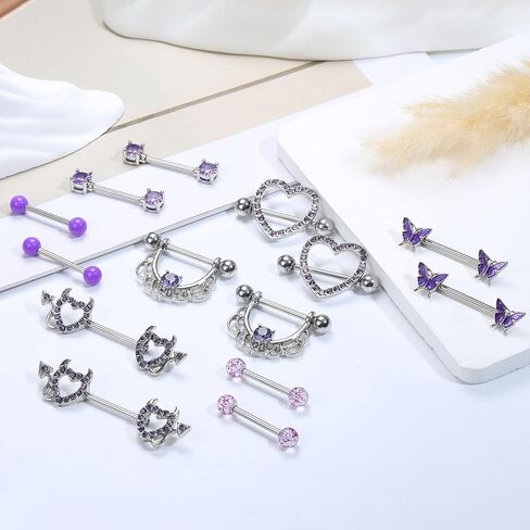 Fansilver 7 Pairs 14G Nipple Rings for Women Surgical Steel Nipple Piercing CZ Heart Butterfly Barbell Nipple Rings Set Cute Nipple Body Piercing Jewelry in Saudi Arabia