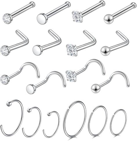Nose Rings 20G 18G, Nose Stud, 20 Gauge Nose Ring Hoop, Surgical Steel Nose Piercing Jewelry, 18 Gauge Nose Stud Set, L Shaped Nose Ring for Women, Nose Hoop 8mm 10mm 12mm, Body Jewelry for Men, CZ Diamond 1.5mm 2mm 2.5mm 3mm in Kuwait